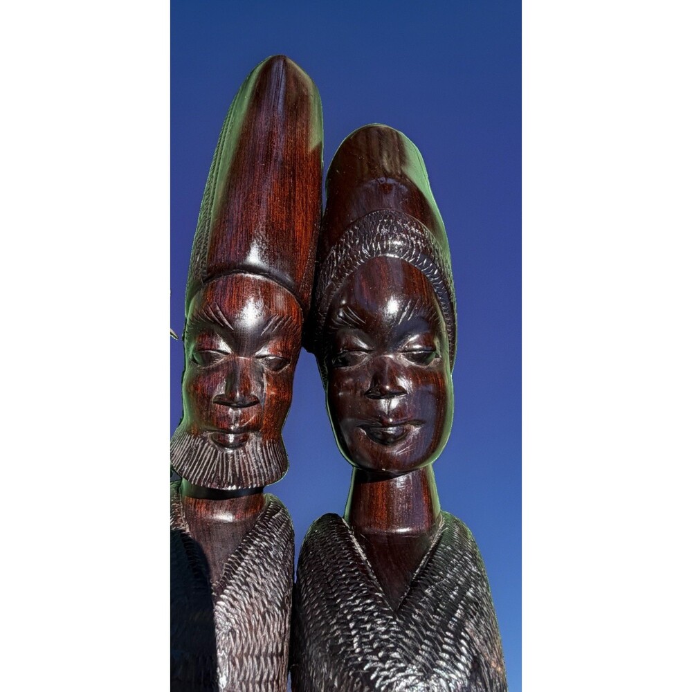VNTG Makonde Tribe Carved Wooden Tanzania Bust Heads Man&Woman Set 10.5”
